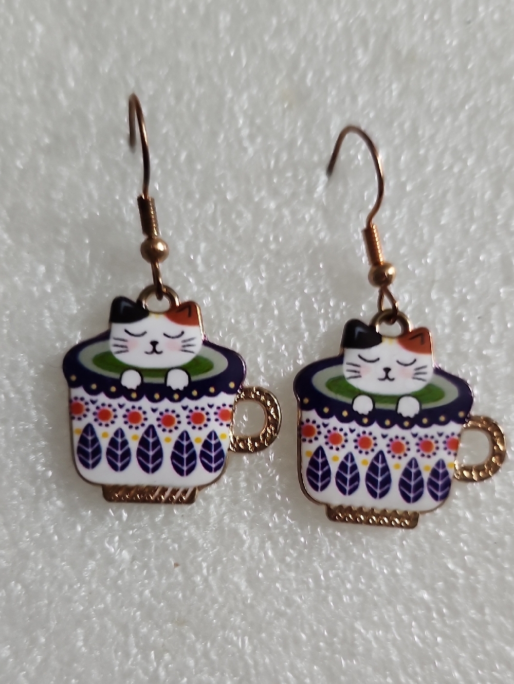 Hand Crafted Cat-in-Teacup Drop Earrings - White, Purple & Green